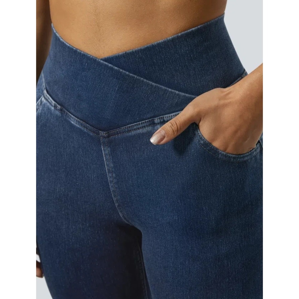 Halara Crossover Waist Flare Denim Leggings Dark Blue Wash Size M Regular
